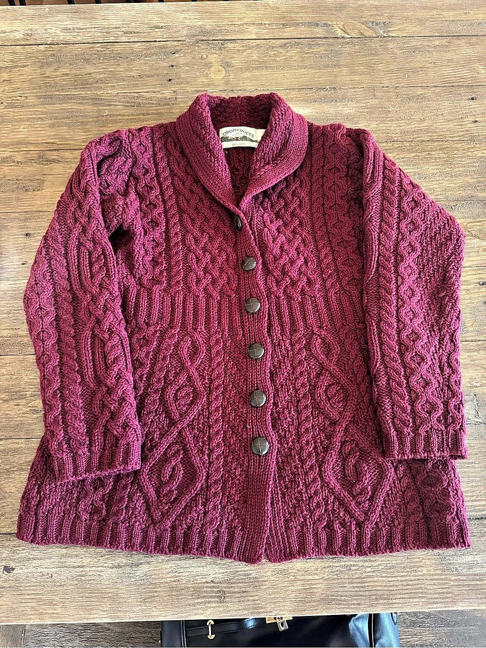 Aran Crafts Merino Wool Shawl Collar Cardigan Burgundy Small